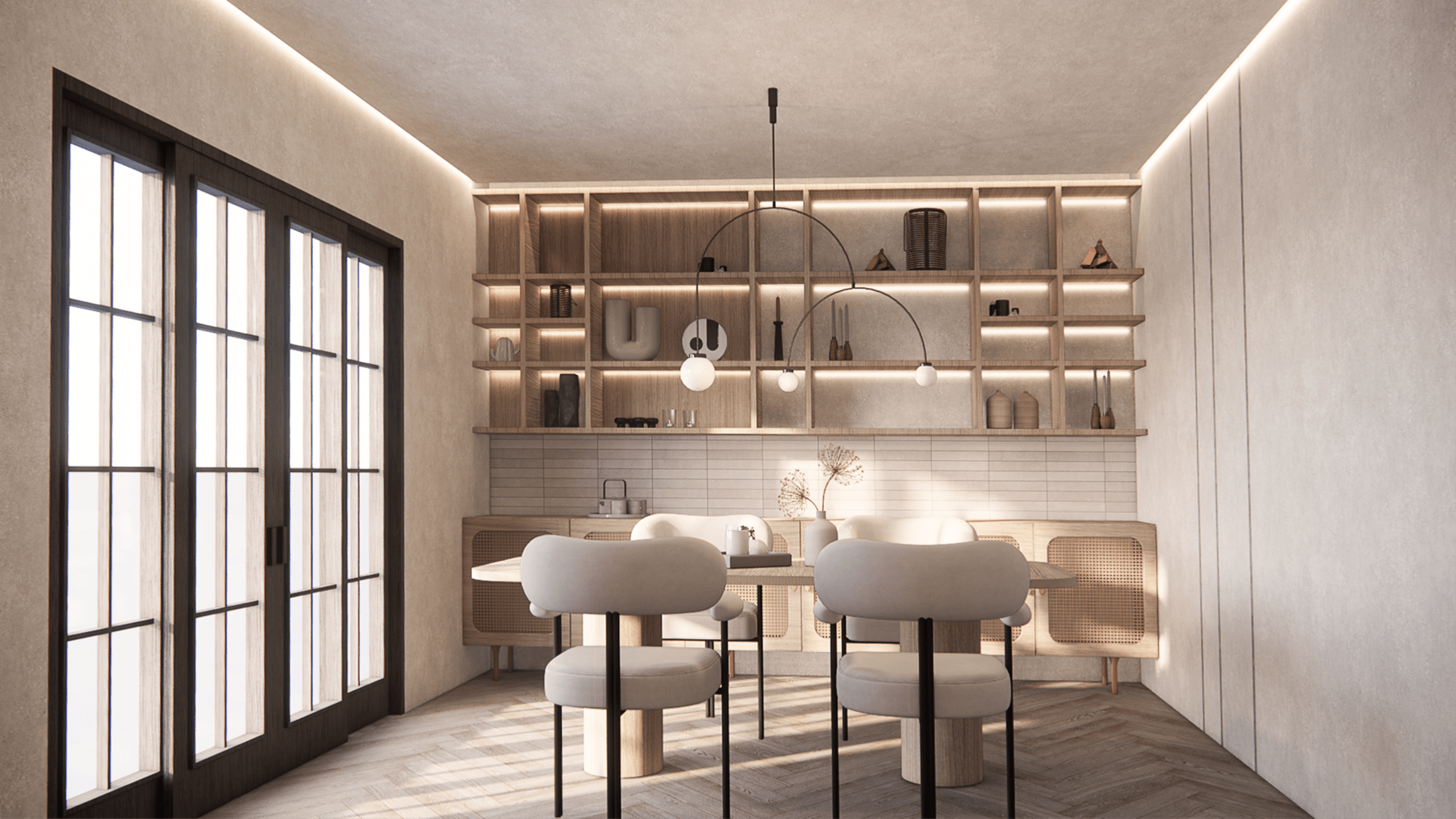 The Hearth - warm dining room with backlit shelving and rattan cabinetry